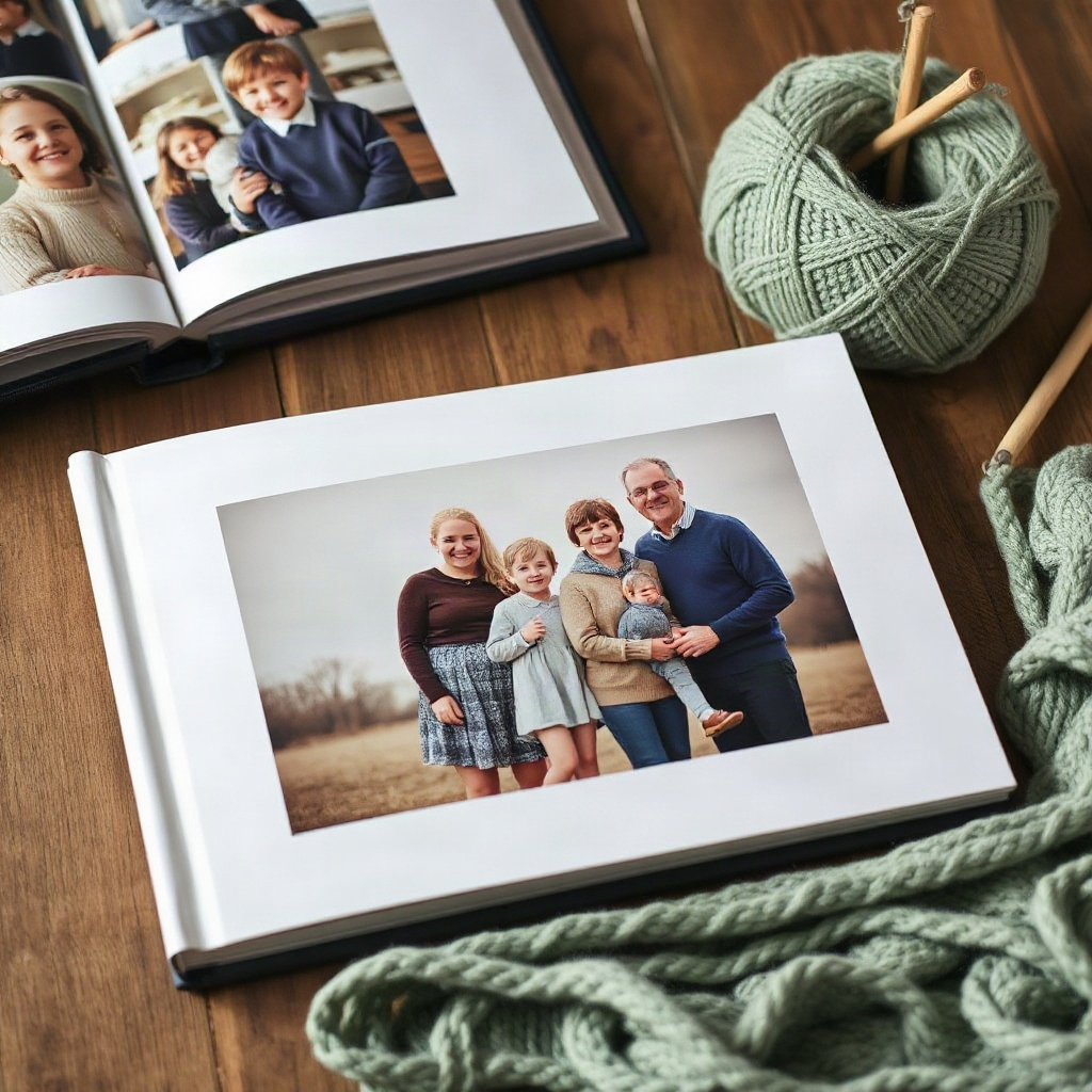 Family photo album on a wooden table beside knitting wool
